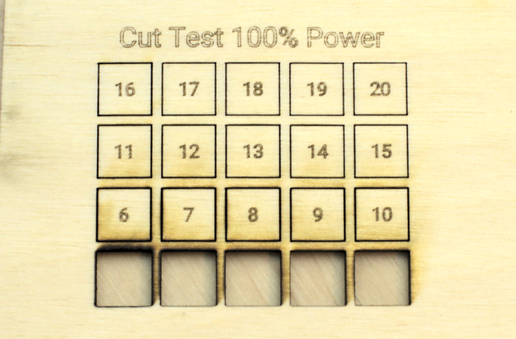 Test cut on 6mm poplar plywood with 100% power and different speed settings for the xTool D1 Pro 20W (no air assist)