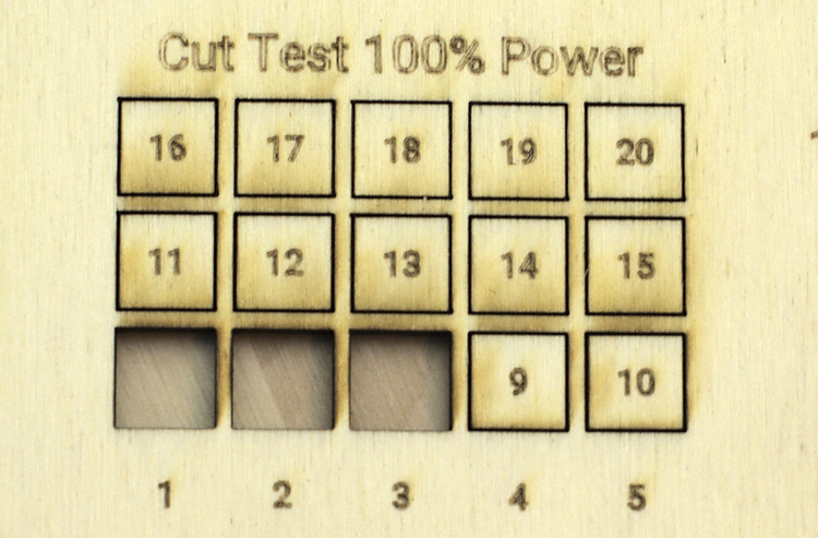 Test cut on 4mm poplar plywood with 100% power and different speed settings for the xTool D1 Pro 20W (no air assist)