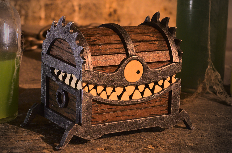 Large front view of the laser cut Monster Treasure Chest for Halloween